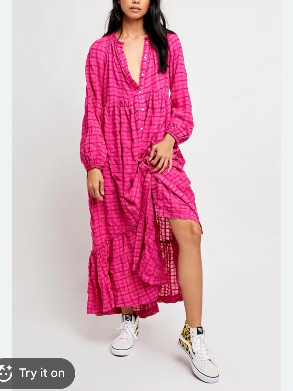 Free People Women's Pink Tiered Button-Front Edie Maxi Dress